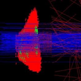 Geant4 phantom showing incident alpha particles penetrating the cell phantom